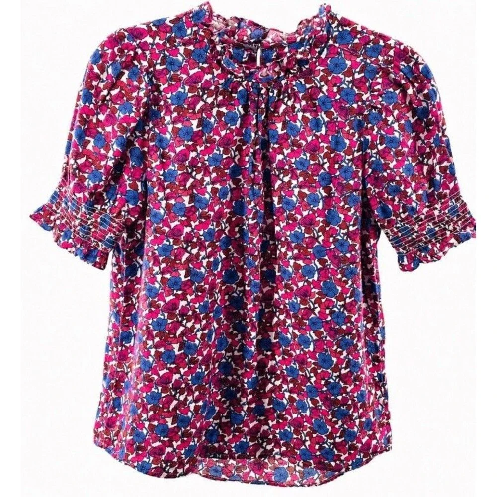J.Crew 100% Linen Floral Smocked Sleeve Blouse XXS Pink Blue Ruffle Neck Cottage